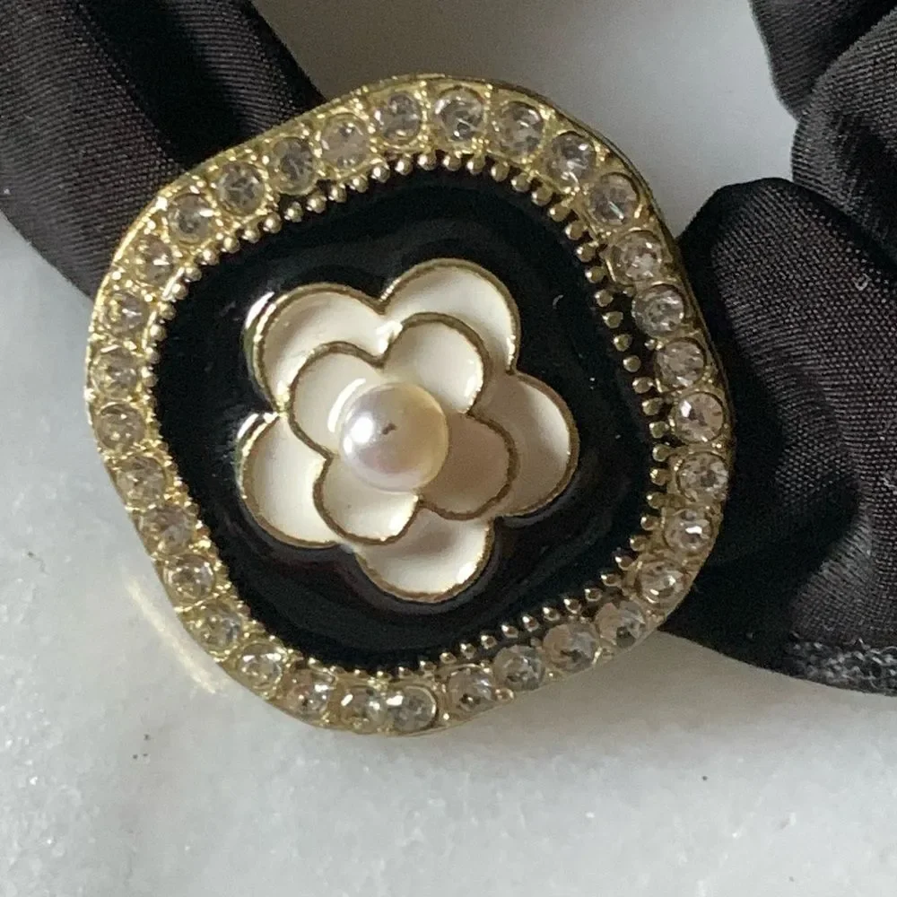Camellia Flower Charm Black Scrunchie - Hair Tie Hair Band